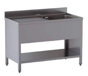 lavello acciaio inox aperto su fianchi e sottopiano 1 vasca gocciolatoio sx misure cm. 140x70x85