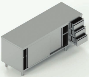 tavolo acciaio inox armadiato con porte scorrevoli e 3 cassetti dx misure cm. 190x70x85