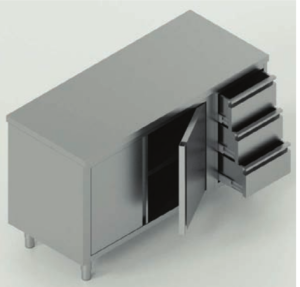tavolo acciaio inox armadiato con porta battente e 3 cassetti dx misure cm. 100x70x85