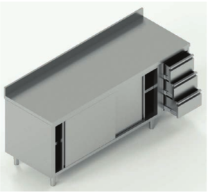 tavolo acciaio inox armadiato con porte scorrevoli con 3 cassetti dx e alzatina misure cm. 160X60X85