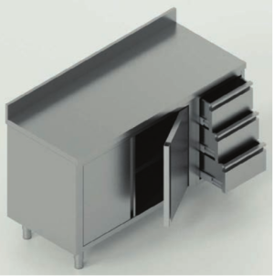 tavolo acciaio inox armadiato con porte battenti con 3 cassetti dx e alzatina misure cm. 140x70x85