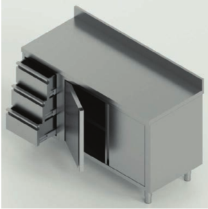 tavolo acciaio inox armadiato con porta battente e 3 cassetti sx e alzatina misure cm. 120X60X85