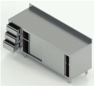 tavolo acciaio inox armadiato con porte scorrevoli con 3 cassetti sx e alzatina misure cm. 240X70X85