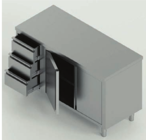 tavolo acciaio inox armadiato con porte battenti e 3 cassetti sx misure cm. 140X70X85