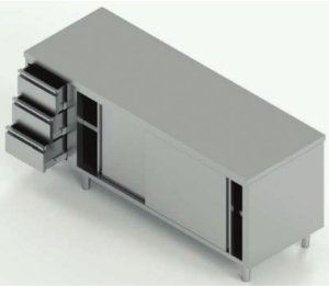 tavolo acciaio inox armadiato con porte scorrevoli e 3 cassetti sx misure cm. 230X70X85