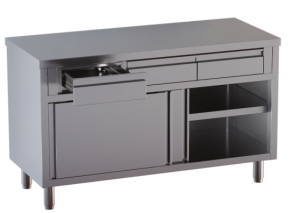 tavolo acciaio inox armadiato con porte scorrevoli e 3 cassetti superiori misure cm. 140X70X85