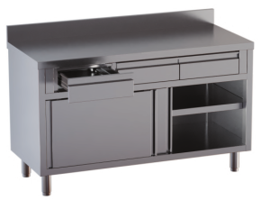 tavolo acciaio inox armadiato con porte scorrevoli,alzatina e 3 cassetti superiori misure cm. 140X60X85