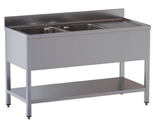 lavello acciaio inox aperto con sottopiano 2 vasche gocciolatoio dx misure cm. 190x60x85