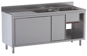 lavello acciaio inox armadiato 2 vasche gocciolatoio sx misure cm. 150X70X85