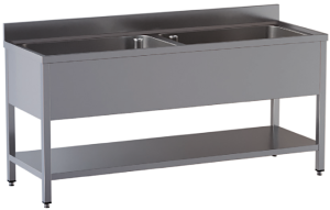lavello acciaio inox aperto con sottopiano 2 vasche misure cm. 180X70X85