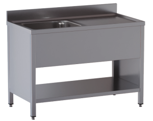 lavello acciaio inox aperto su fianchi e sottopiano 1 vasca gocciolatoio sx misure cm. 130x60x85