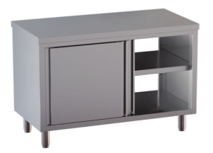 tavolo acciaio inox armadiato passante con porte scorrevoli su due lati 120X60X85
