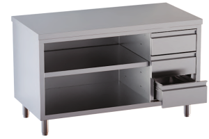 tavolo acciaio inox chiuso 3 lati aperto davanti con piano intermedio e 3 cassetti a destra 120X60X85
