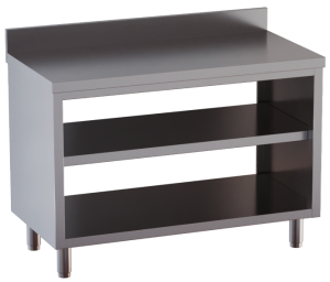 tavolo acciaio inox chiuso sui fianchi aperto davanti e dietro con piano intermedio e alzatina 170X60X85