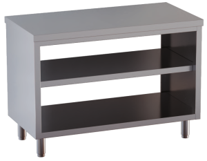 tavolo acciaio inox chiuso sui fianchi aperto davanti e dietro con piano intermedio 90X70X85
