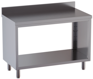 tavolo acciaio inox chiuso sui fianchi aperto davanti e dietro con alzatina 110X70X85