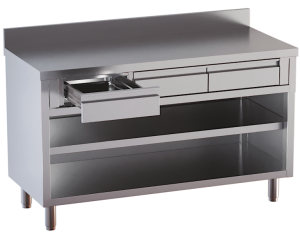 tavolo acciaio inox chiuso 3 lati aperto davanti con piano intermedio e cassetti superiori con alzatina 100X60X85