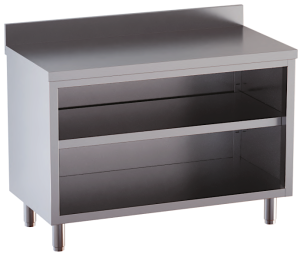 tavolo acciaio inox chiuso 3 lati aperto davanti con piano intermedio e alzatina 140X70X85