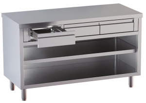 tavolo acciaio inox chiuso 3 lati aperto davanti con piano intermedio e cassetti superiori 180X70X85