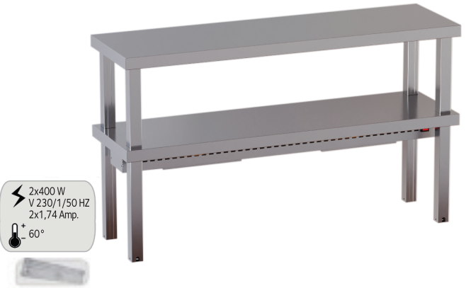 ripiano mensola in acciaio inox di appoggio doppio ripiano con riscaldamento per tavoli gambe quadre 40x40 mm h 70 200X35x70