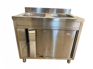 Lavello armadiato usato in acciaio inox a 2 vasche con porte scorrevoli – 95x60x85 cm
