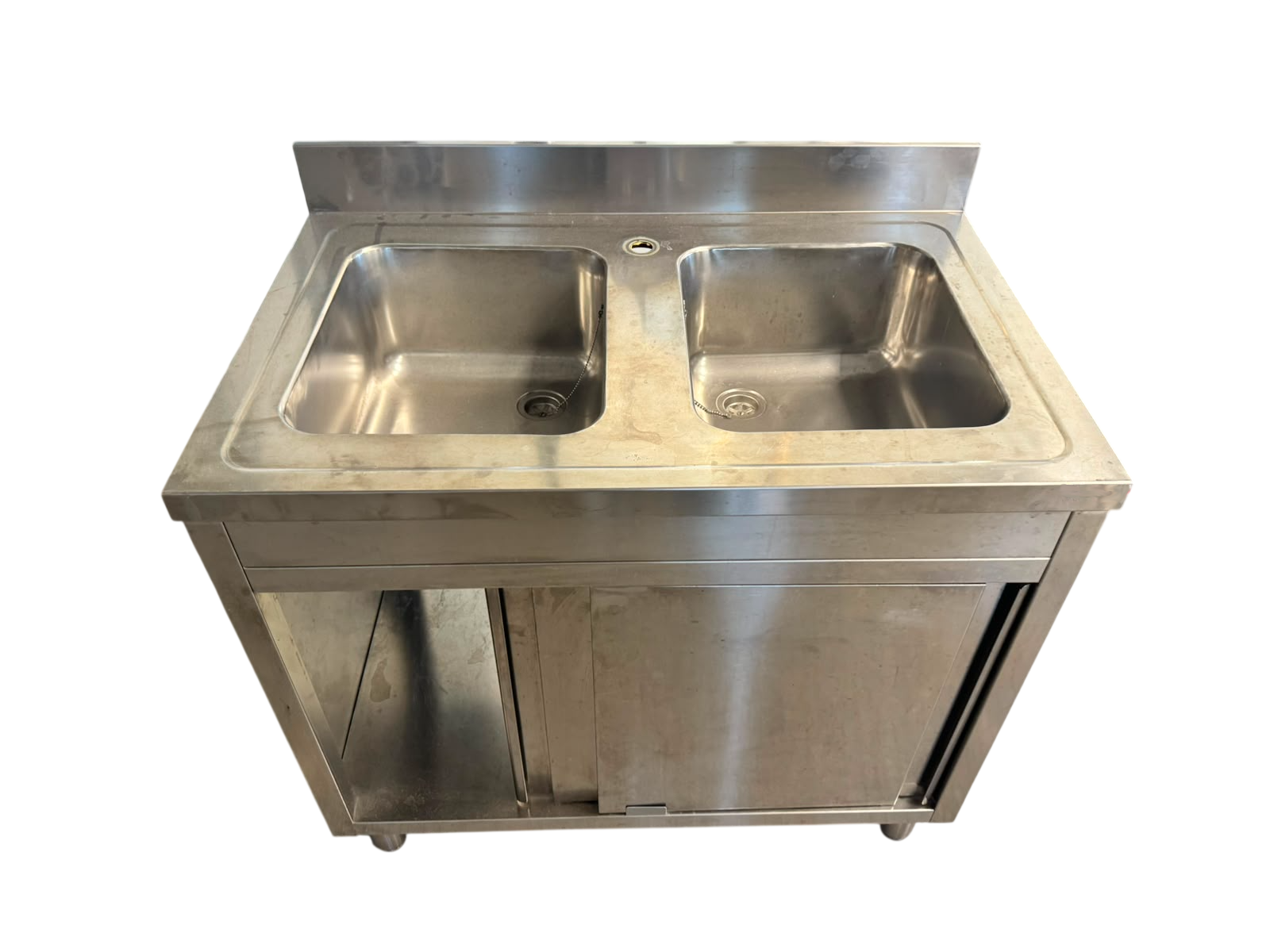 Lavello armadiato usato in acciaio inox a 2 vasche con porte scorrevoli – 95x60x85 cm - immagine 3