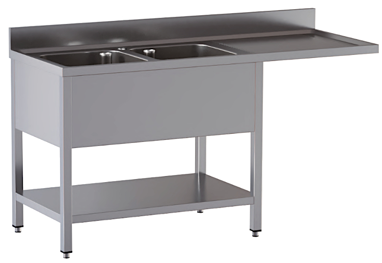 Lavello in acciaio inox aperto con sottopiano 2 vasche, gocciolatoio e vano lavastoviglie destro 160x70X85