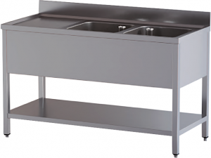Lavello aperto in acciaio inox 200x70x85 con 2 vasche, gocciolatoio sinistro e sottopiano