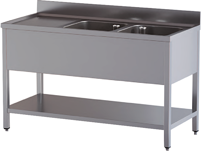 Lavello aperto in acciaio inox 200x70x85 con 2 vasche, gocciolatoio sinistro e sottopiano