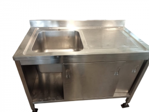 Lavello armadiato in acciaio inox usato 130x70x85 cm – 1 vasca grande con gocciolatoio destro